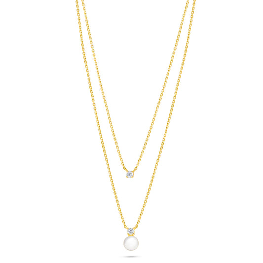 عقد من الفضة الخالصة عيار 925 مطلي ذهبي مرصع لولو ابيض طبيعي و فص ابيض