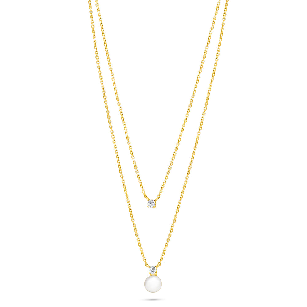 Sterling Silver 925 Necklace Golden Plated Embedded With Natural White Pearl And White Zircon