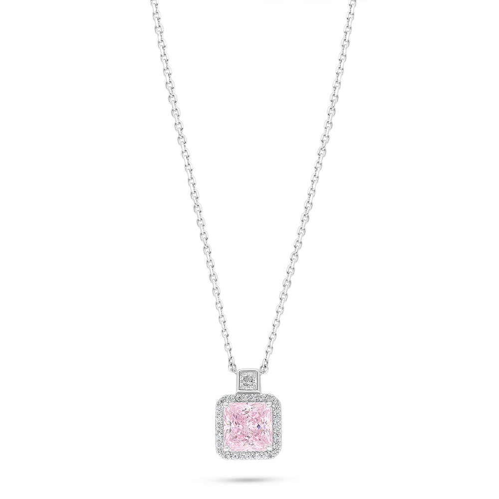 Sterling Silver 925 Necklace Rhodium Plated Embedded With Pink Zircon And White Zircon