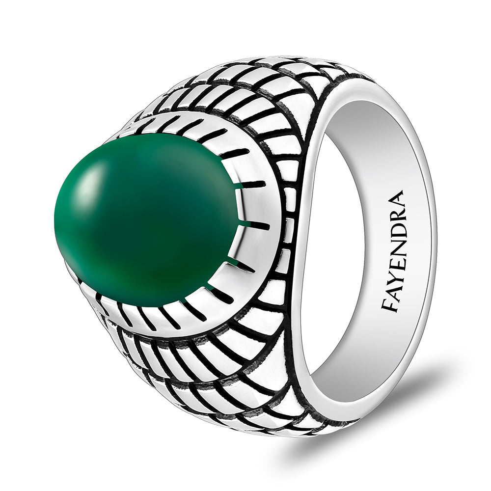 خاتم رجالي من الفضة الخالصة عيار 925 مطلي روديوم و اسود مرصع احجار عقيق جاد اخضر كابشون