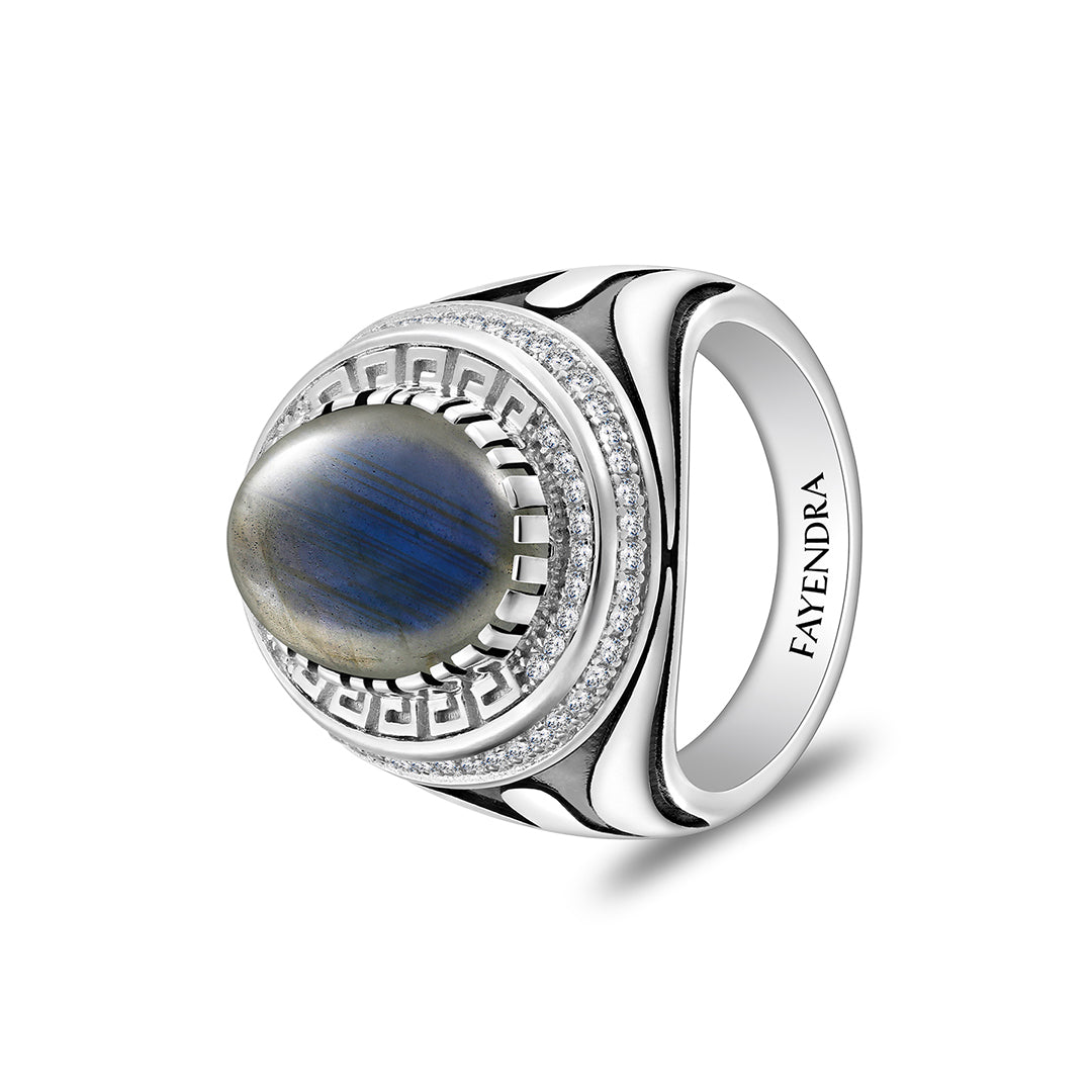 خاتم رجالي من الفضة الخالصة عيار 925 مطلي روديوم و اسود مرصع احجار لابرادوريت اوبالي كابشون وفص ابيض