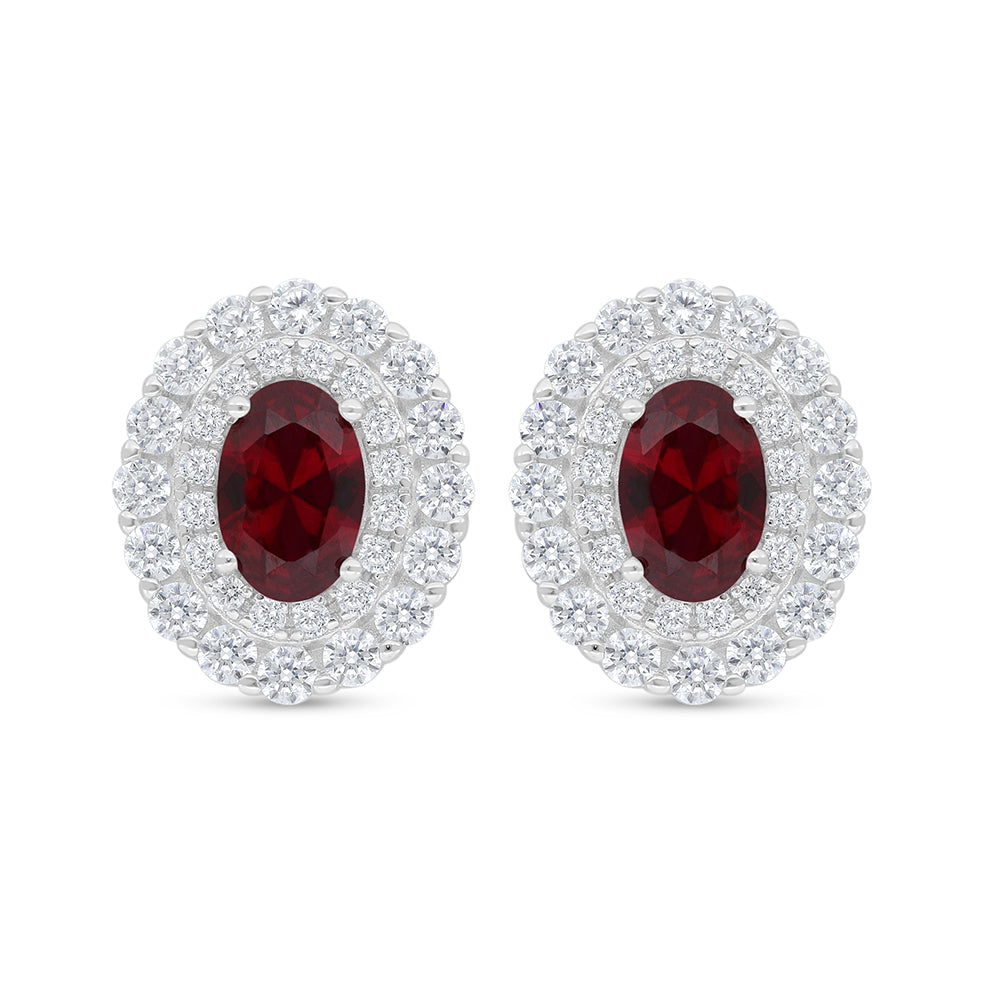 Sterling Silver 925 Earring Rhodium Plated Embedded With Ruby Corundum And White Zircon