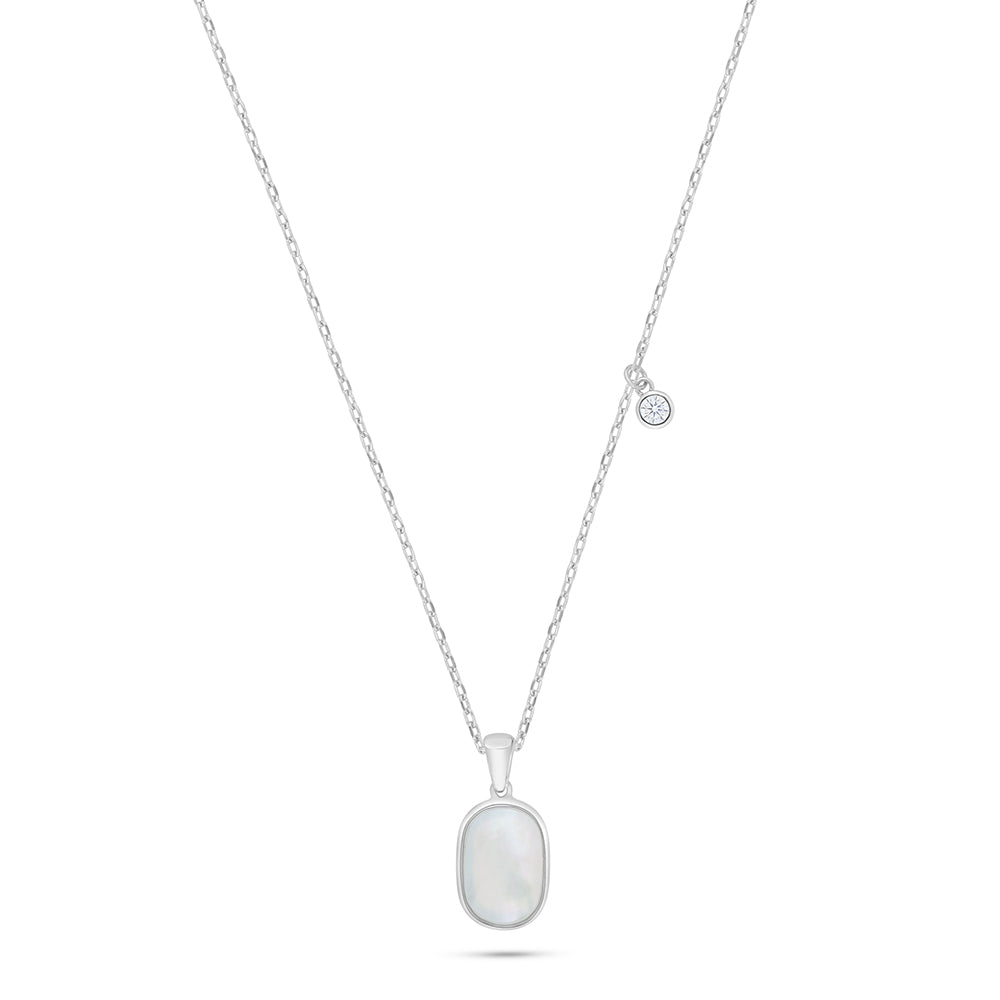 Sterling Silver 925 Necklace Rhodium Plated Embedded With White Shell And White Zircon
