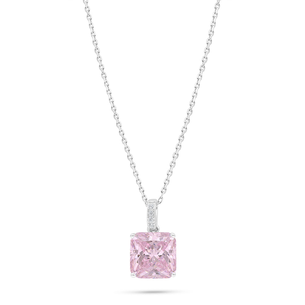 Sterling Silver 925 Necklace Rhodium Plated Embedded With Pink Zircon And White Zircon