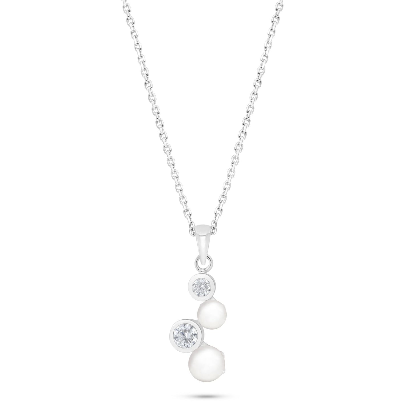Sterling Silver 925 Necklace Rhodium Plated Embedded With Natural White Pearl And White Zircon