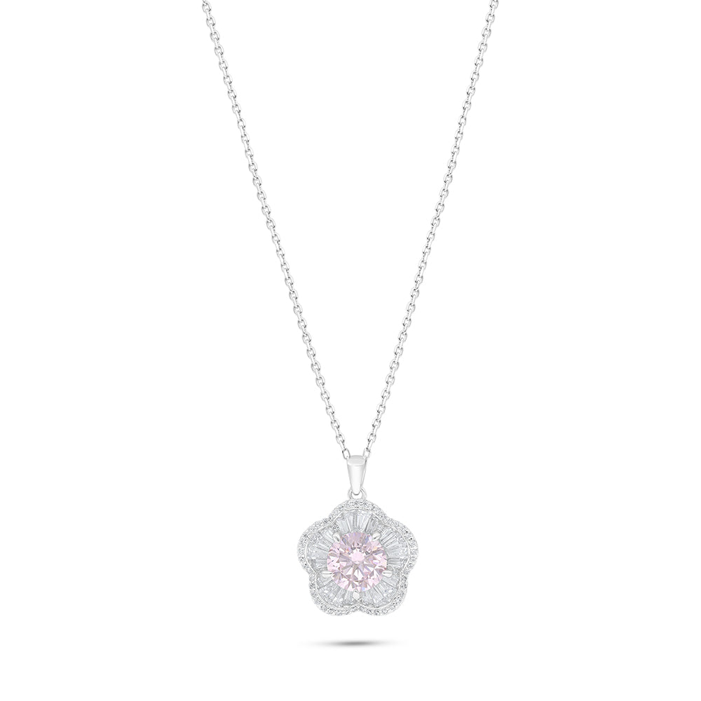 Sterling Silver 925 Necklace Rhodium Plated Embedded With Pink Zircon And White Zircon