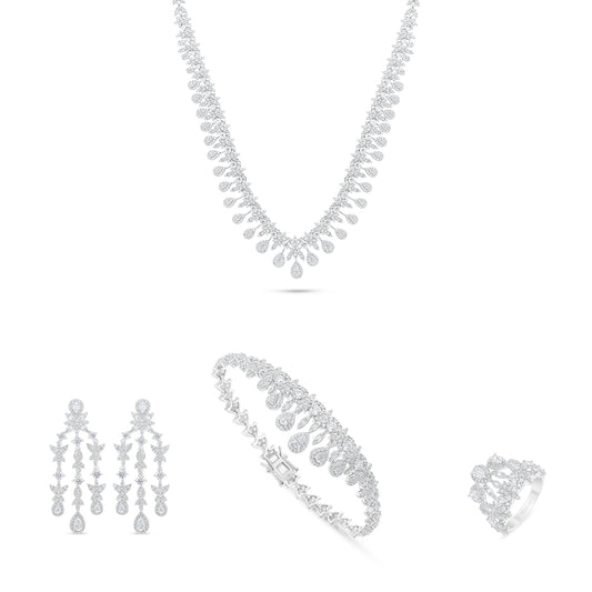 طقم من الفضة الخالصة عيار 925 مطلي روديوم مرصع فص ابيض