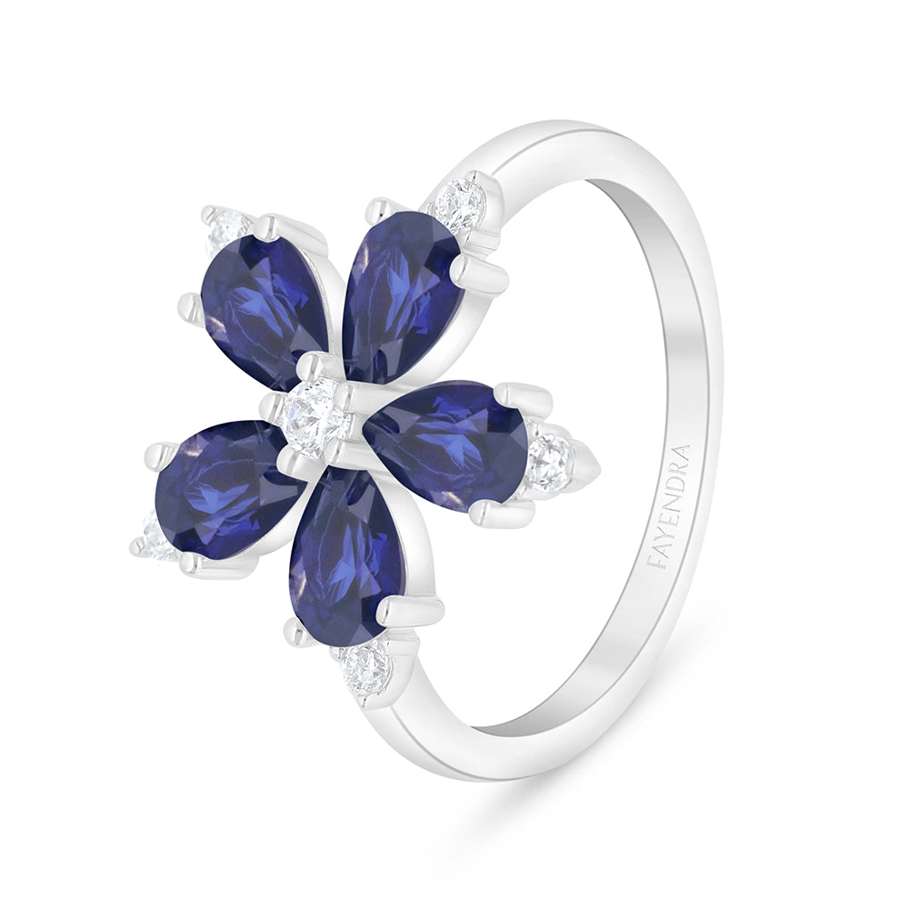 خاتم من الفضة الخالصة عيار 925 مطلي روديوم مرصع زفير كروندوم و فص ابيض