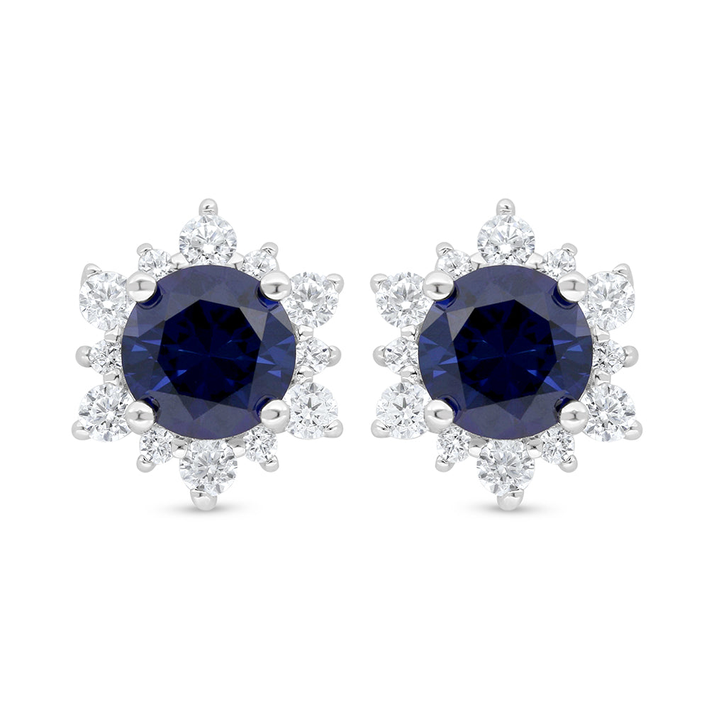 Sterling Silver 925 Earring Rhodium Plated Embedded With Sapphire Corundum And White Zircon