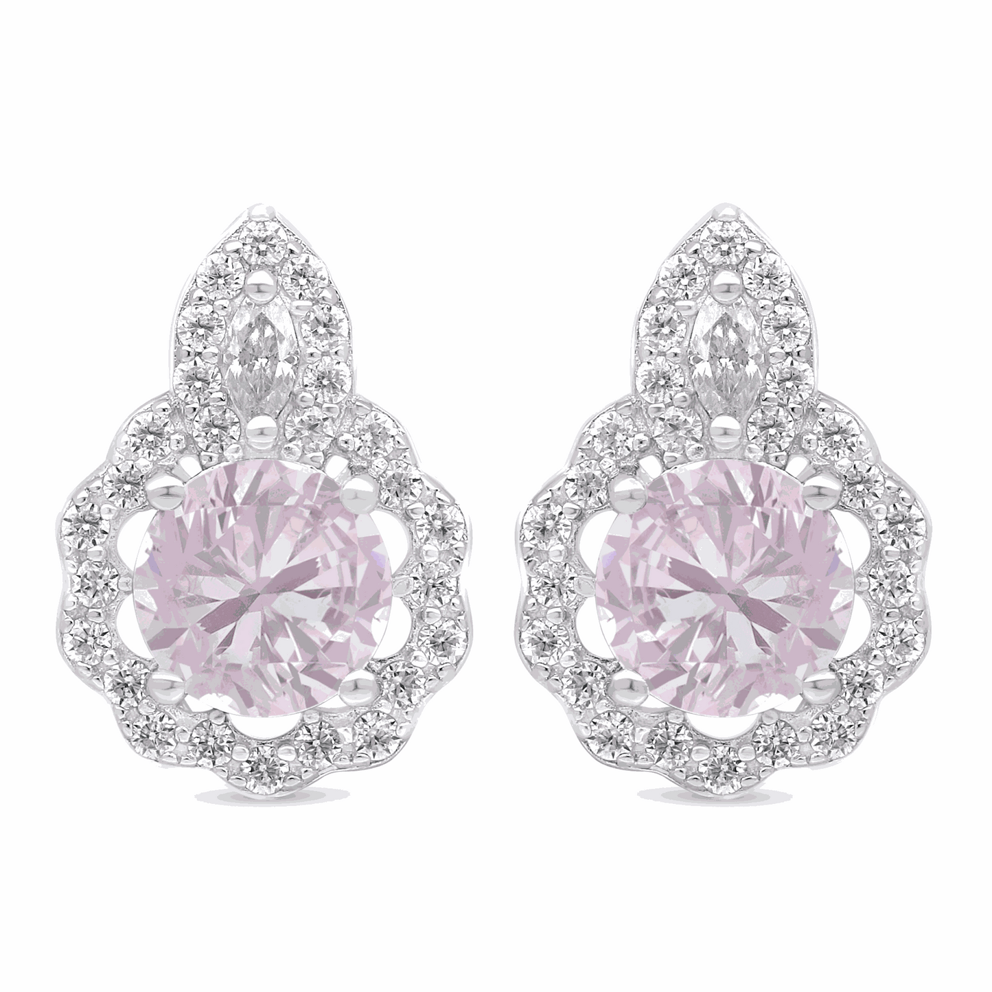 Sterling Silver 925 Earring Rhodium Plated Embedded With Pink Zircon And White Zircon