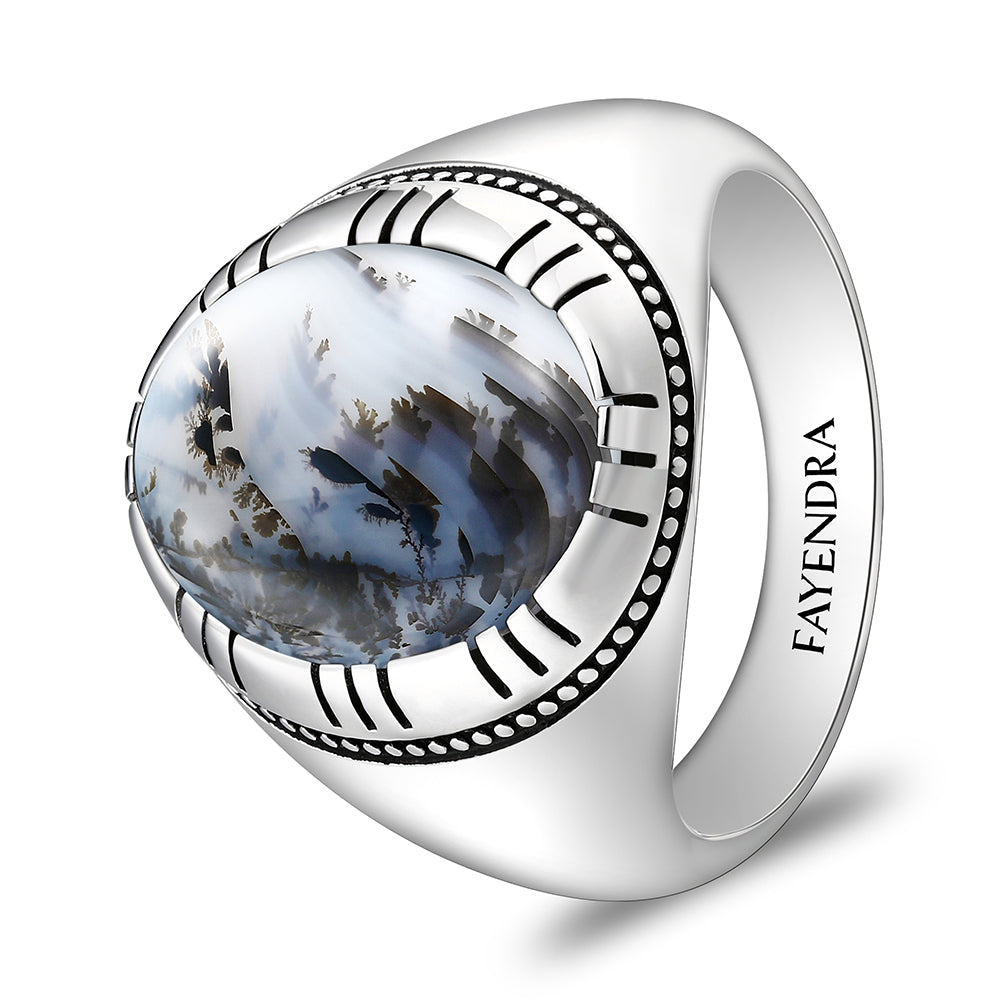 Sterling Silver 925 Ring Rhodium And Black Plated Embedded With Natural Agate Cabochon For Men