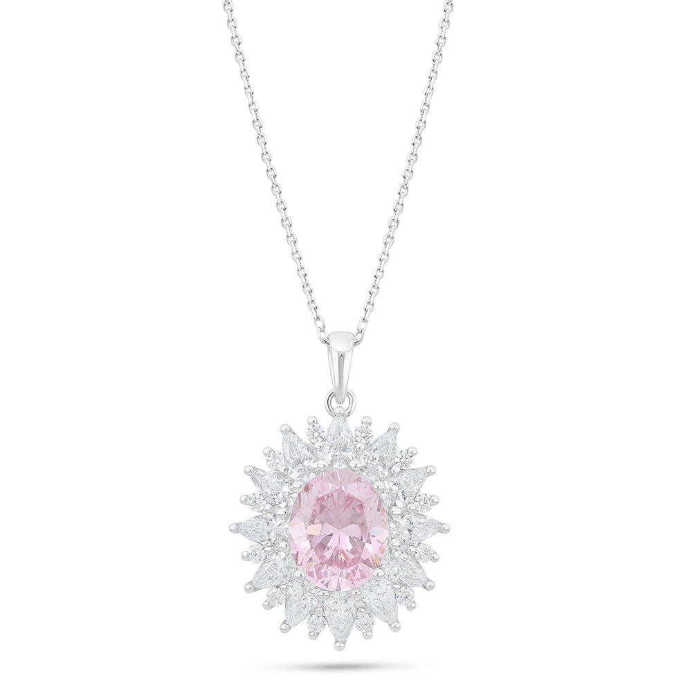 Sterling Silver 925 Necklace Rhodium Plated Embedded With Pink Zircon And White Zircon