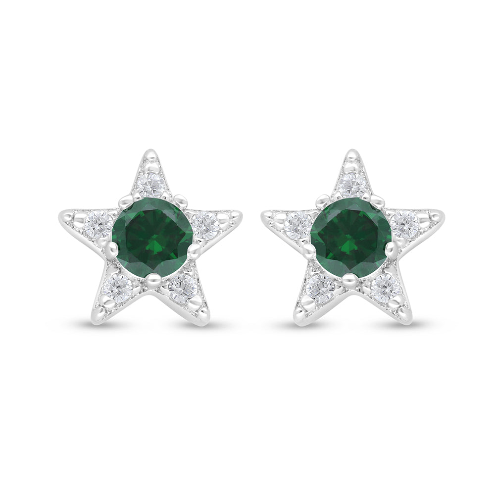 Sterling Silver 925 Earring Rhodium Plated Embedded With Emerald Zircon And White Zircon