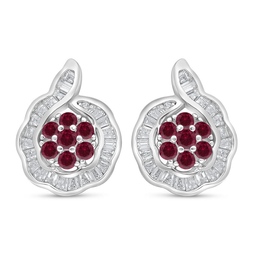 Sterling Silver 925 Earring Rhodium Plated Embedded With Ruby Corundum And White Zircon