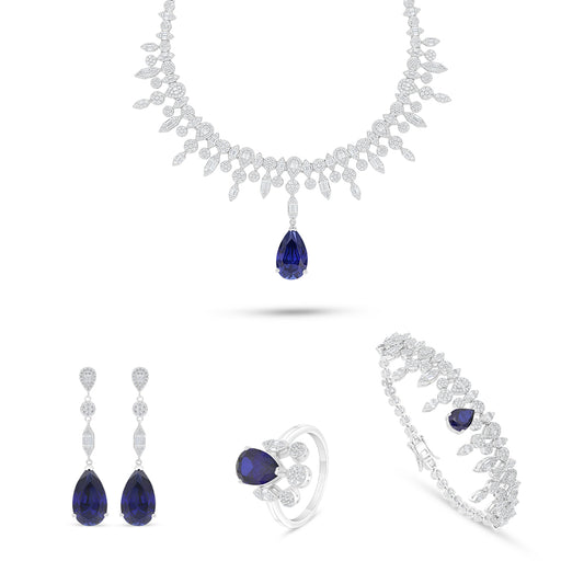 Sterling Silver 925 SET Rhodium Plated Embedded With Sapphire Corundum And White Zircon
