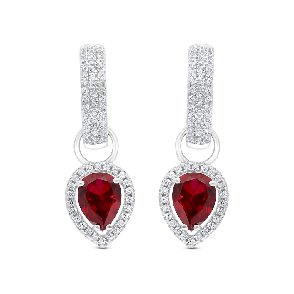 Sterling Silver 925 Earring Rhodium Plated Embedded With Ruby Corundum And White CZ