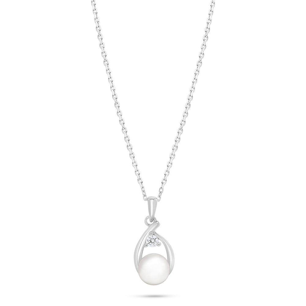 Sterling Silver 925 Necklace Rhodium Plated Embedded With Natural White Pearl And White Zircon