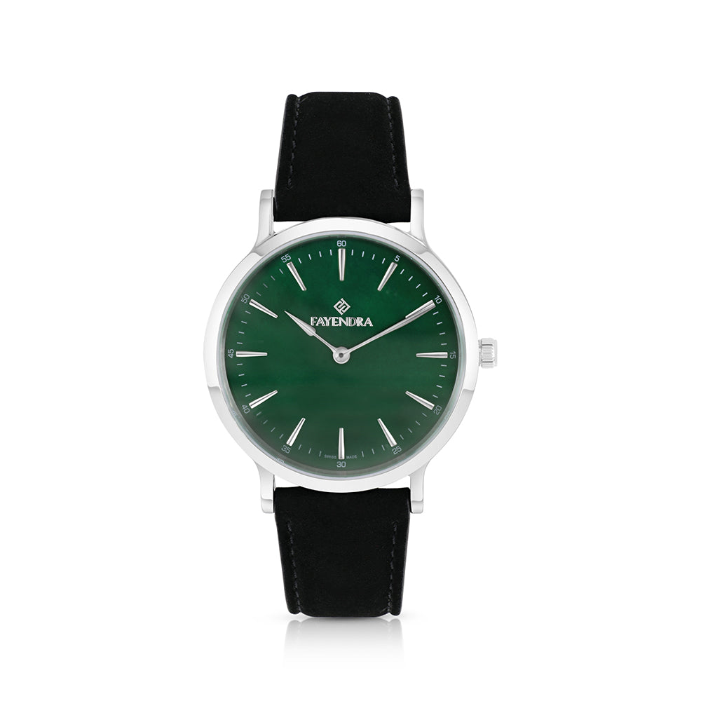 Stainless Steel 316 Watch Silver Color Embedded With Black Leather For Men - GREEN MOP DIAL