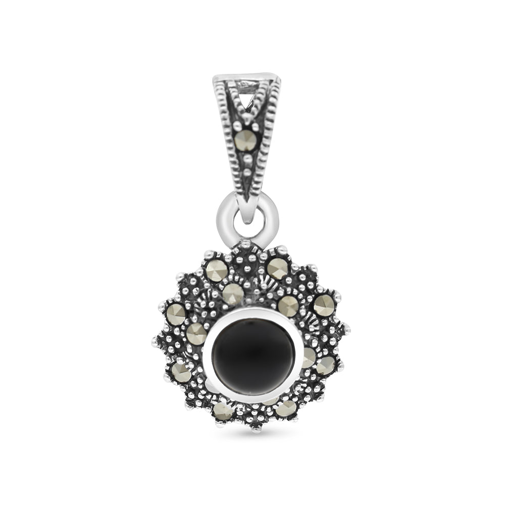 Sterling Silver 925 Pendant Embedded With Natural Black Agate And Marcasite Stones
