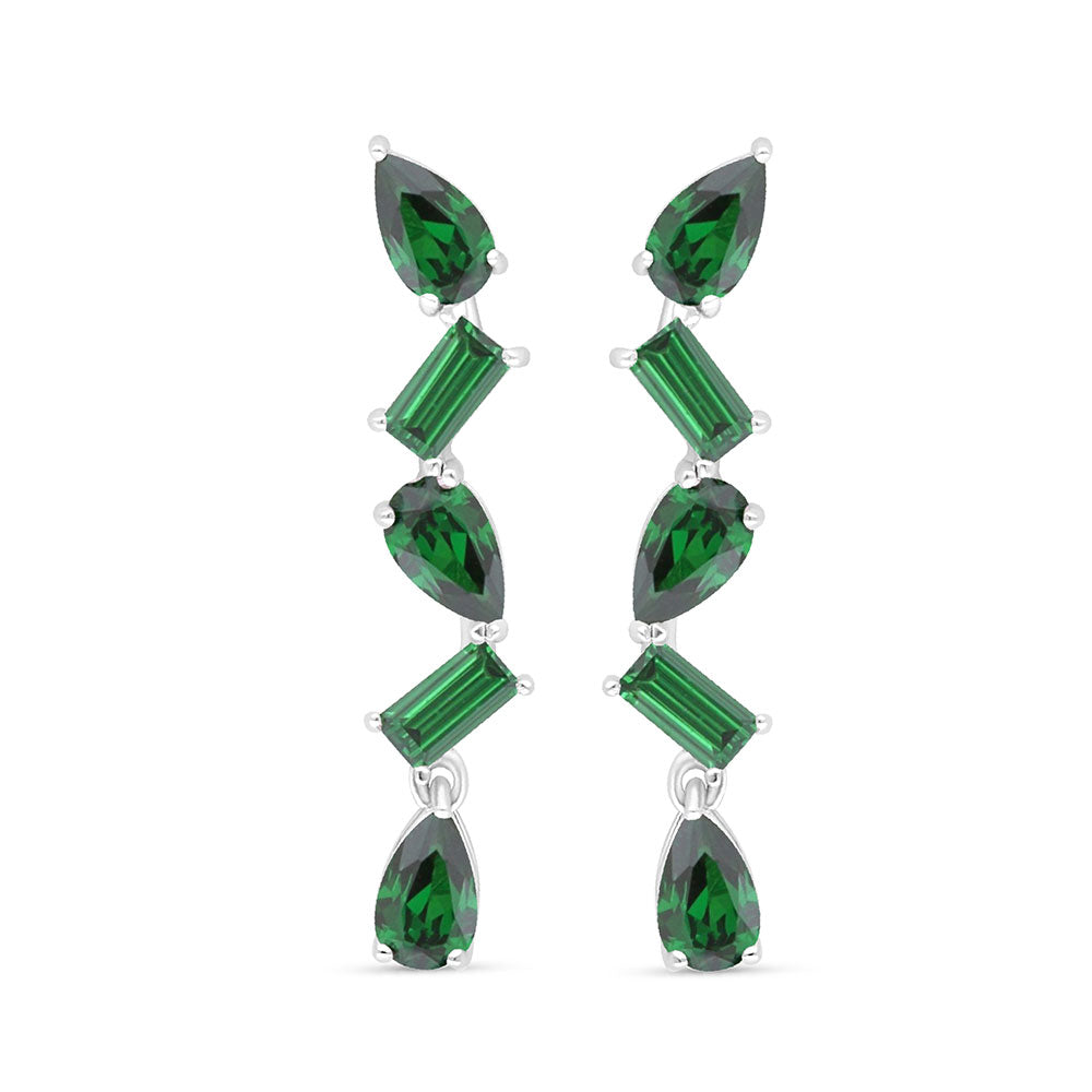 Sterling Silver 925 Earring Rhodium Plated Embedded With Emerald Zircon