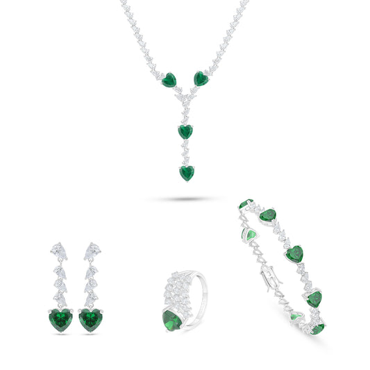 Sterling Silver 925 SET Rhodium Plated Embedded With Emerald Zircon And White Zircon
