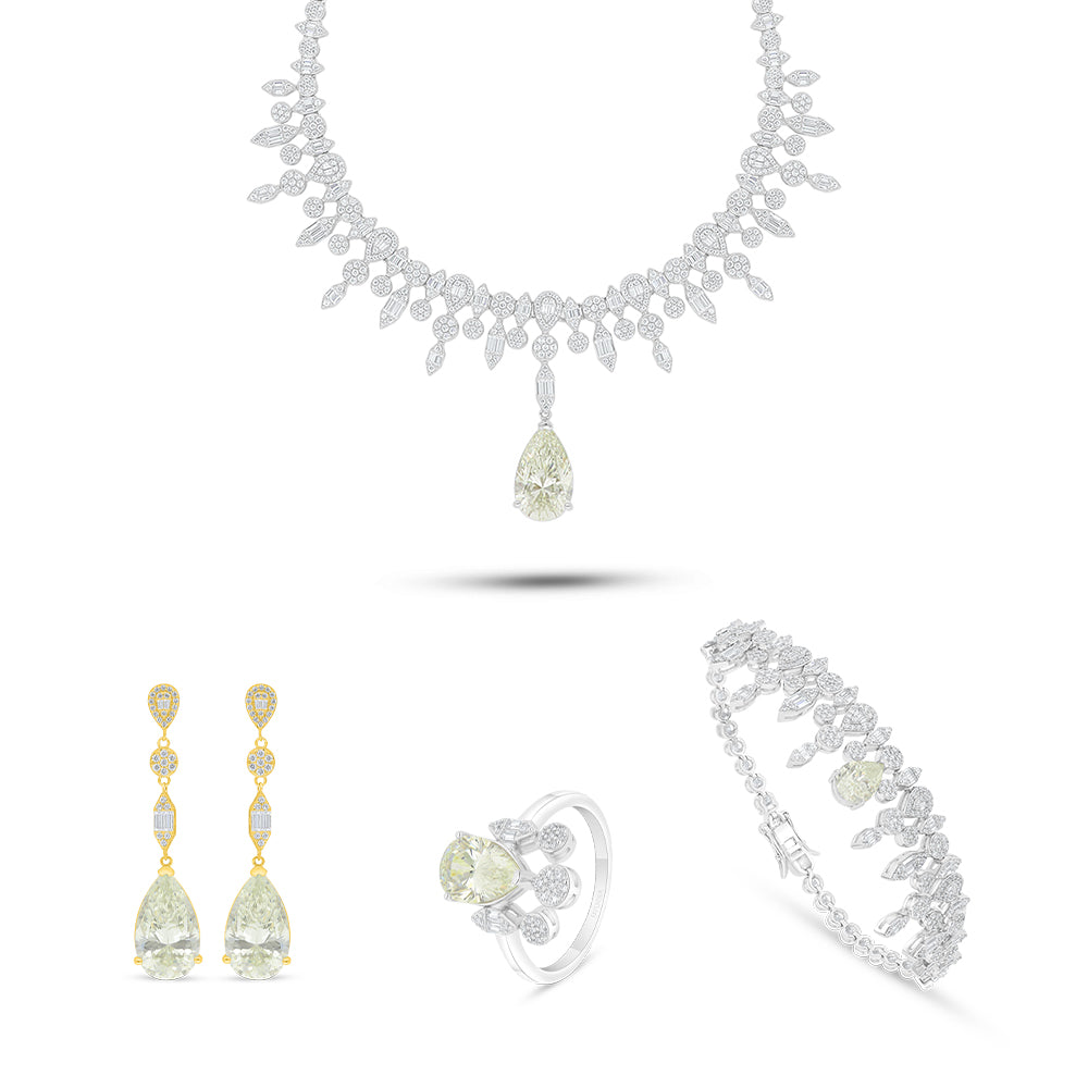 Sterling Silver 925 SET Rhodium Plated Embedded With Diamond Zircon And White Zircon