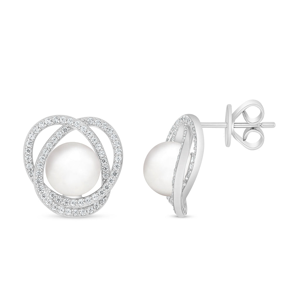 Sterling Silver 925 Earring Rhodium Plated Embedded With Natural White Pearl And White Zircon