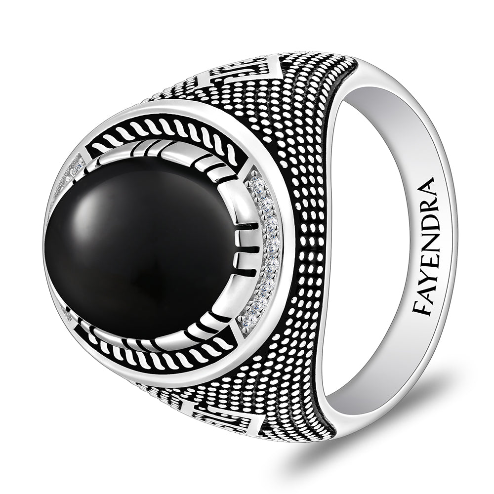 Sterling Silver 925 Ring Rhodium And Black Plated Embedded With Natural black agate Cabochon And White Zircon For Men