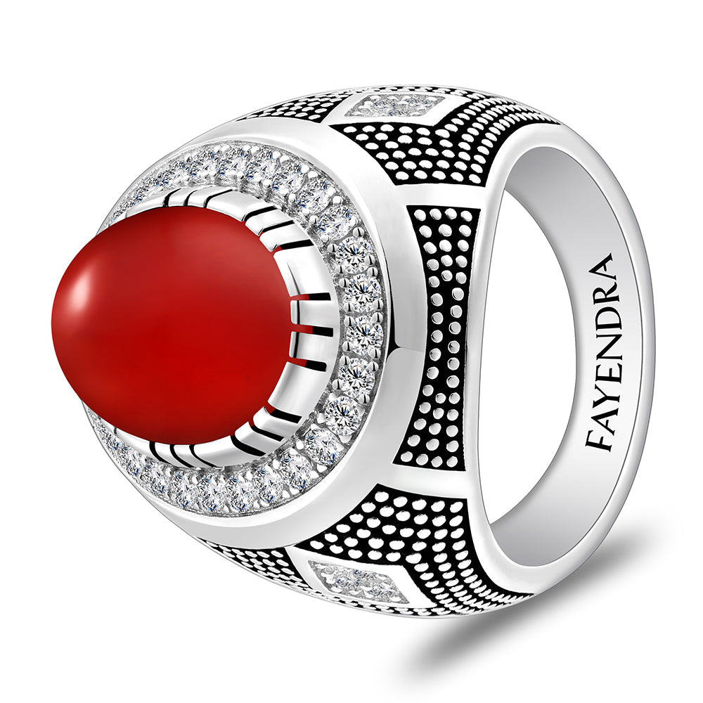 خاتم رجالي من الفضة الخالصة عيار 925 مطلي روديوم و اسود مرصع احجارعقيق احمر كابشون و فص ابيض