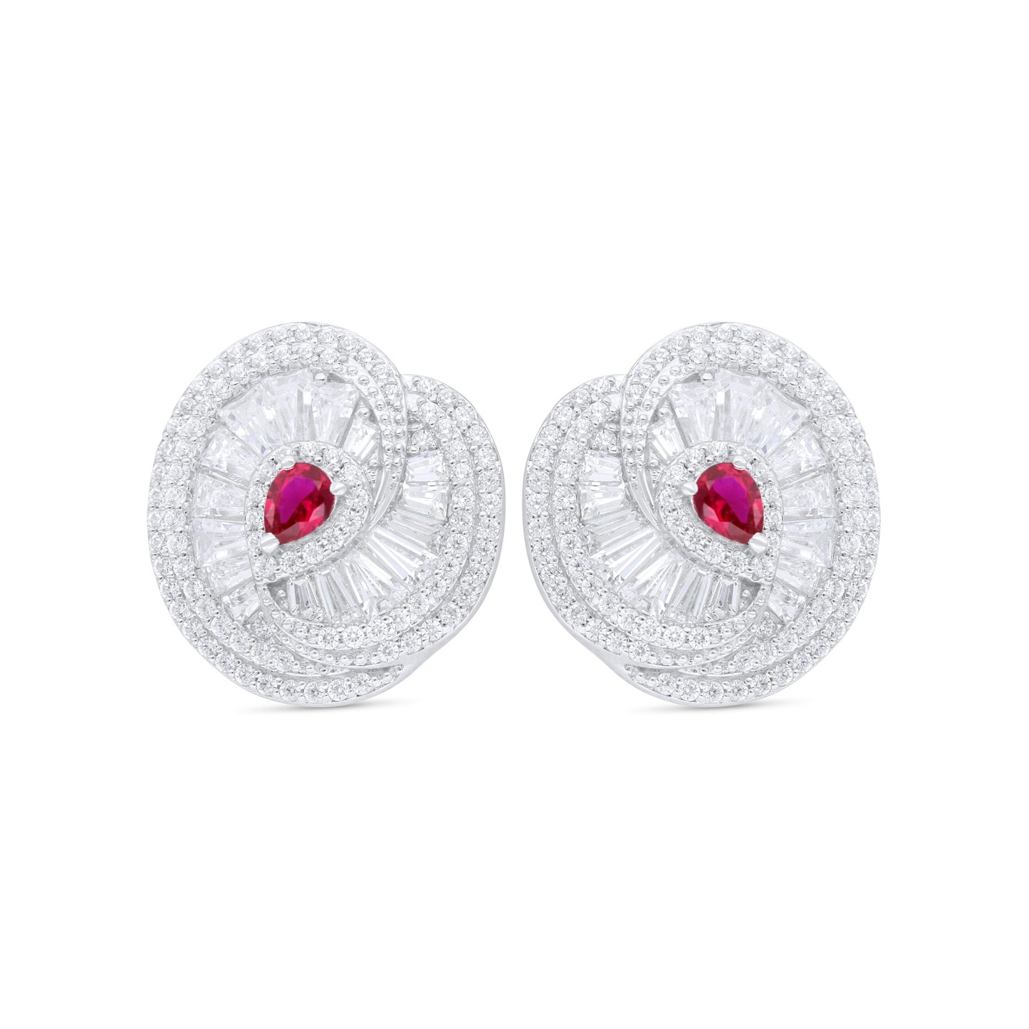 Sterling Silver 925 Earring Rhodium Plated Embedded With Ruby Corundum And White Zircon