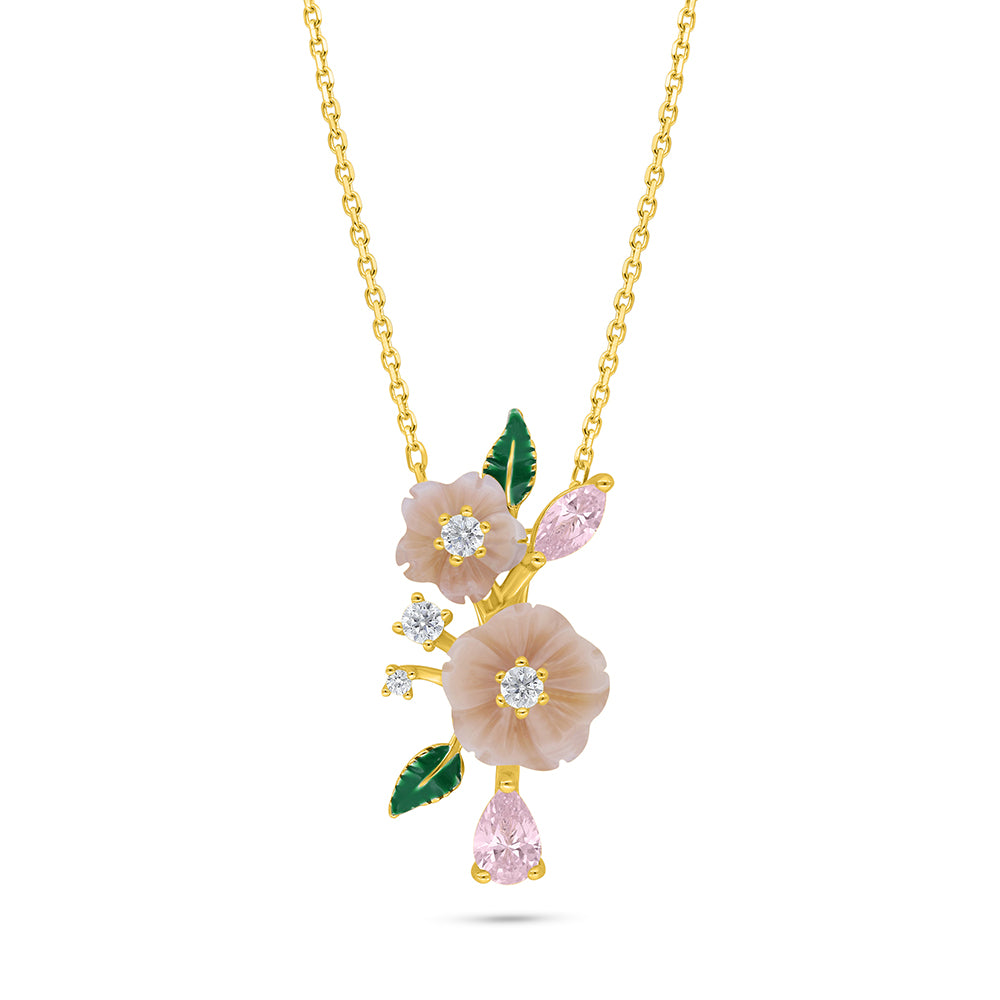 Sterling Silver 925 Necklace Golden Plated Embedded With Pink Shell And Pink Zircon And White Zircon