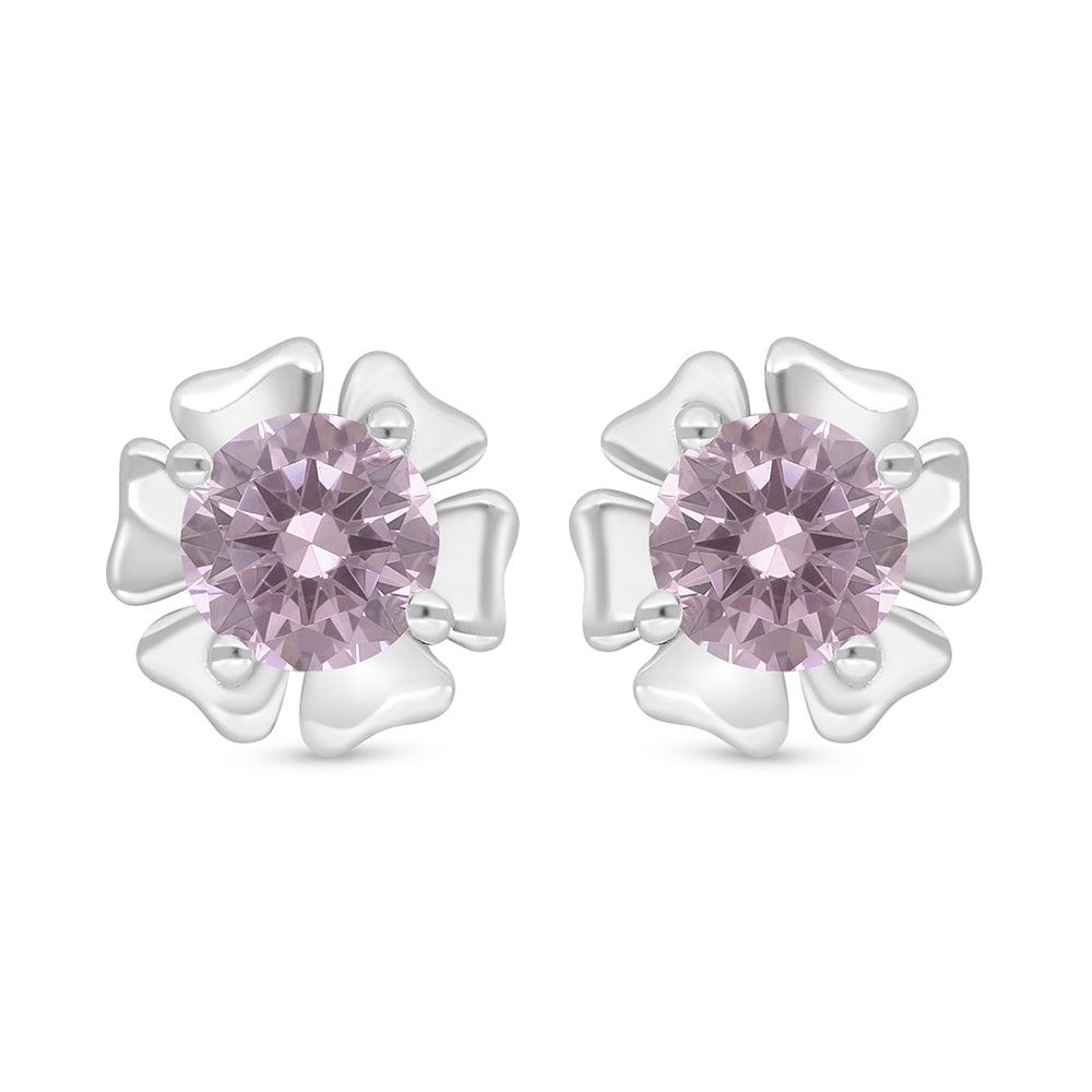 Sterling Silver 925 Earring Rhodium Plated Embedded With Pink Zircon