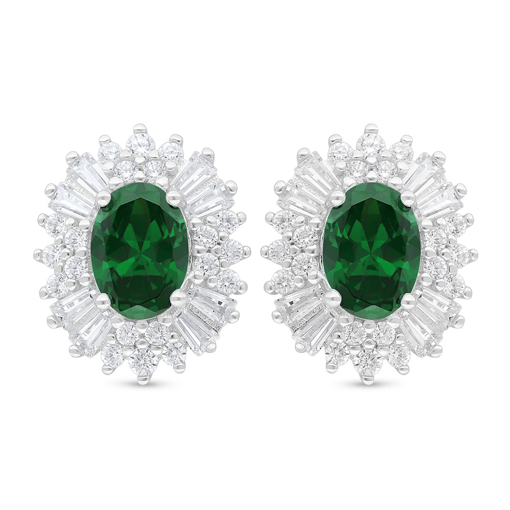 Sterling Silver 925 Earring Rhodium Plated Embedded With Emerald Zircon And White Zircon