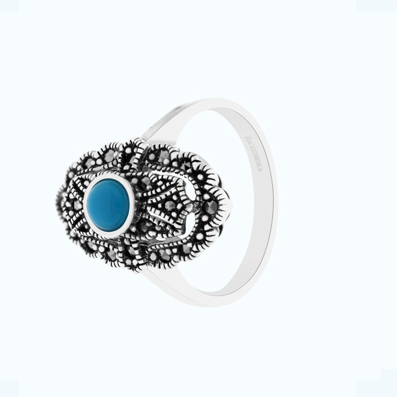 Sterling Silver 925 Ring Embedded With Natural Processed Turquoise And Marcasite Stones