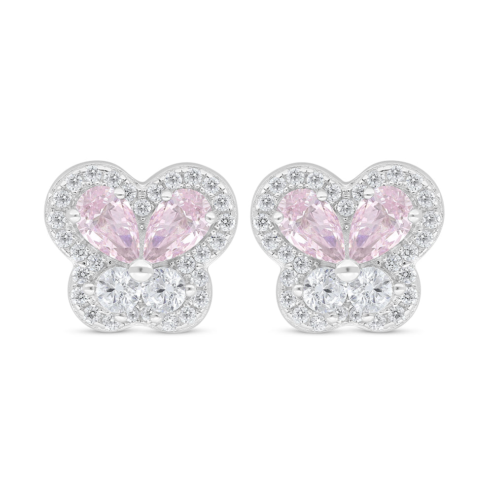 Sterling Silver 925 Earring Rhodium Plated Embedded With Pink Zircon And White Zircon