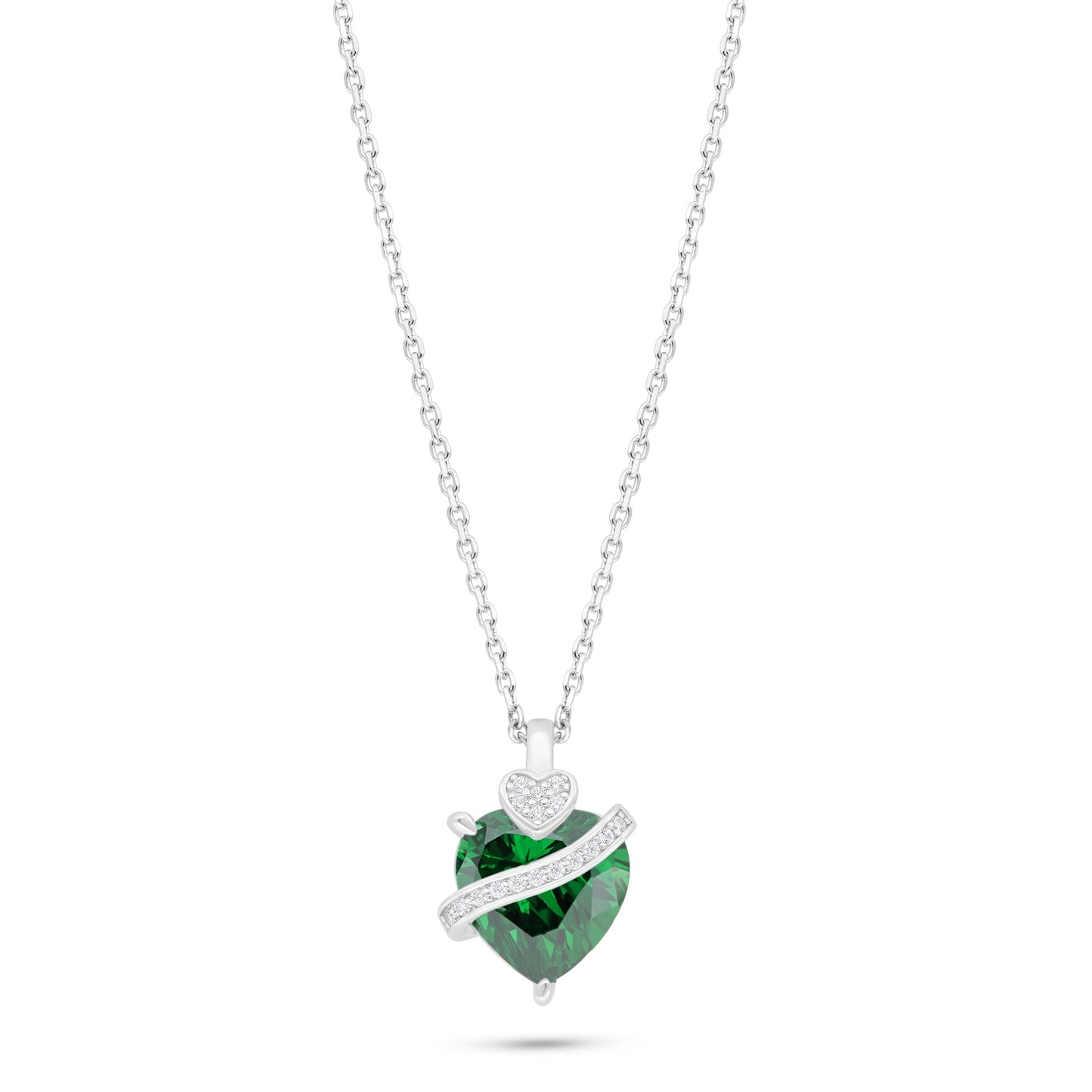 Sterling Silver 925 Necklace Rhodium Plated Embedded With Emerald Zircon And White Zircon