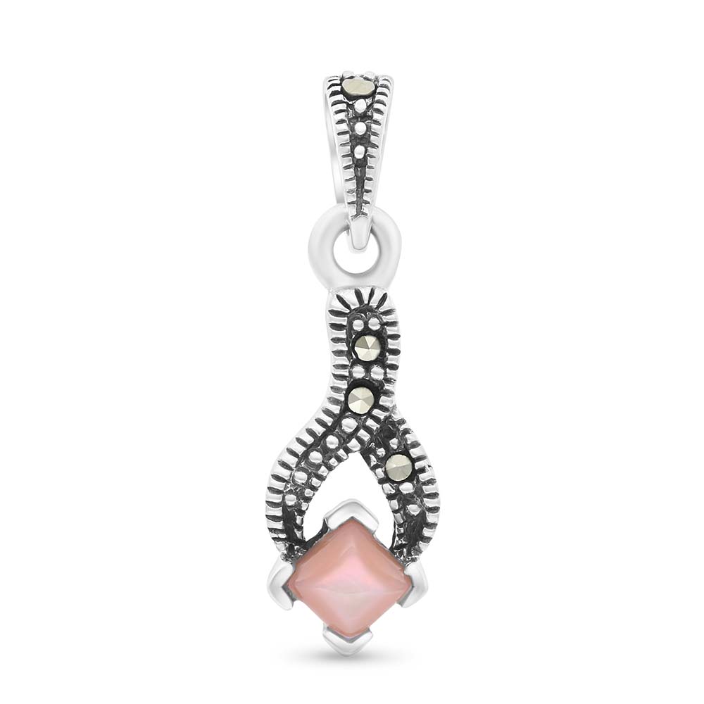 Sterling Silver 925 Pendant Embedded With Natural Pink Shell And Marcasite Stones