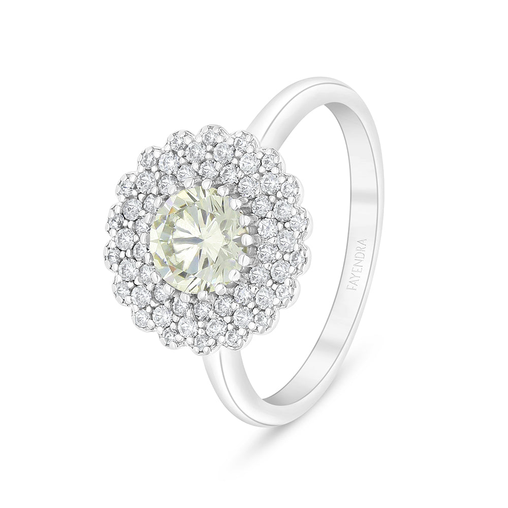 Sterling Silver 925 Ring Rhodium Plated Embedded With Yellow Diamond And White Zircon