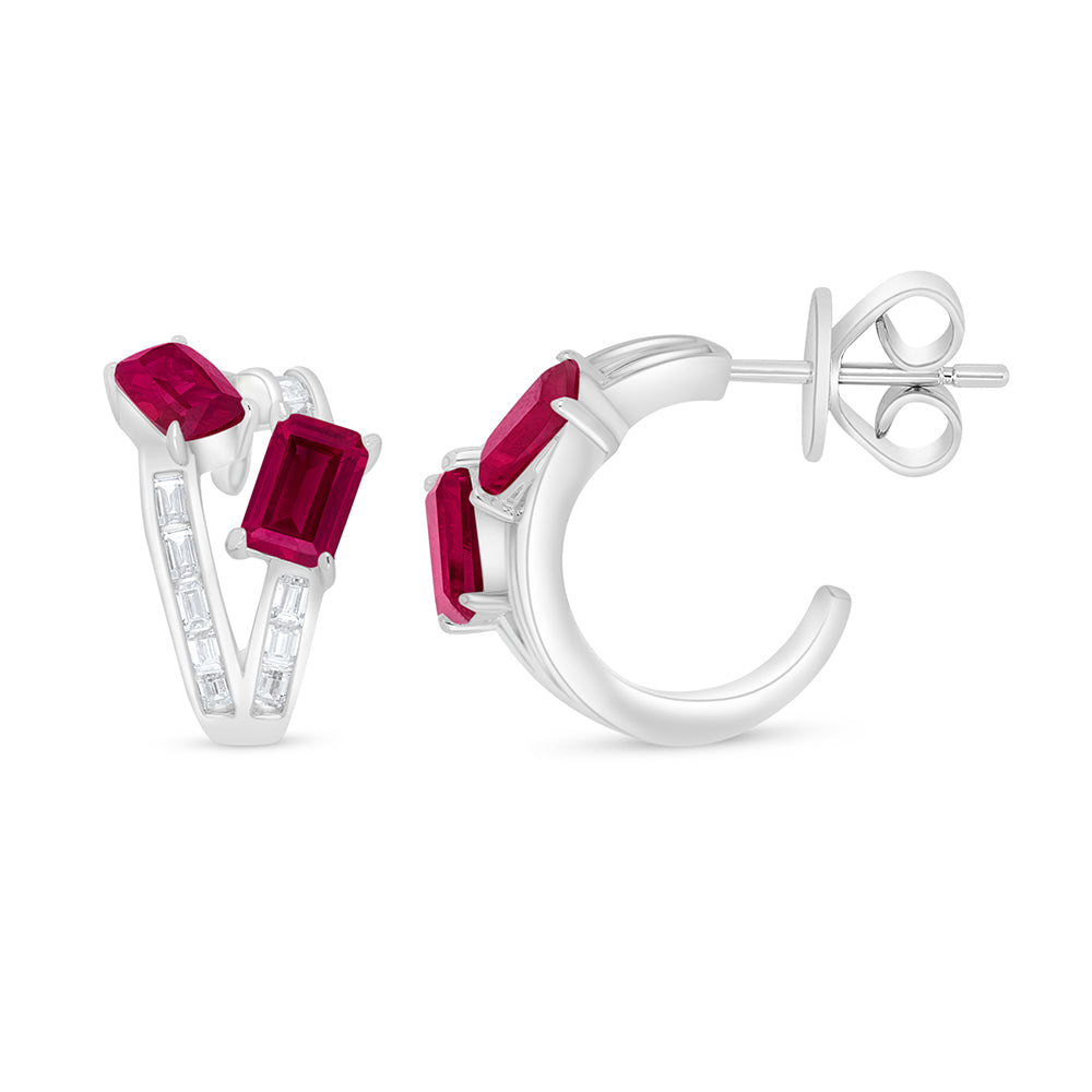 Sterling Silver 925 Earring Rhodium Plated Embedded With Ruby Corundum And White Zircon