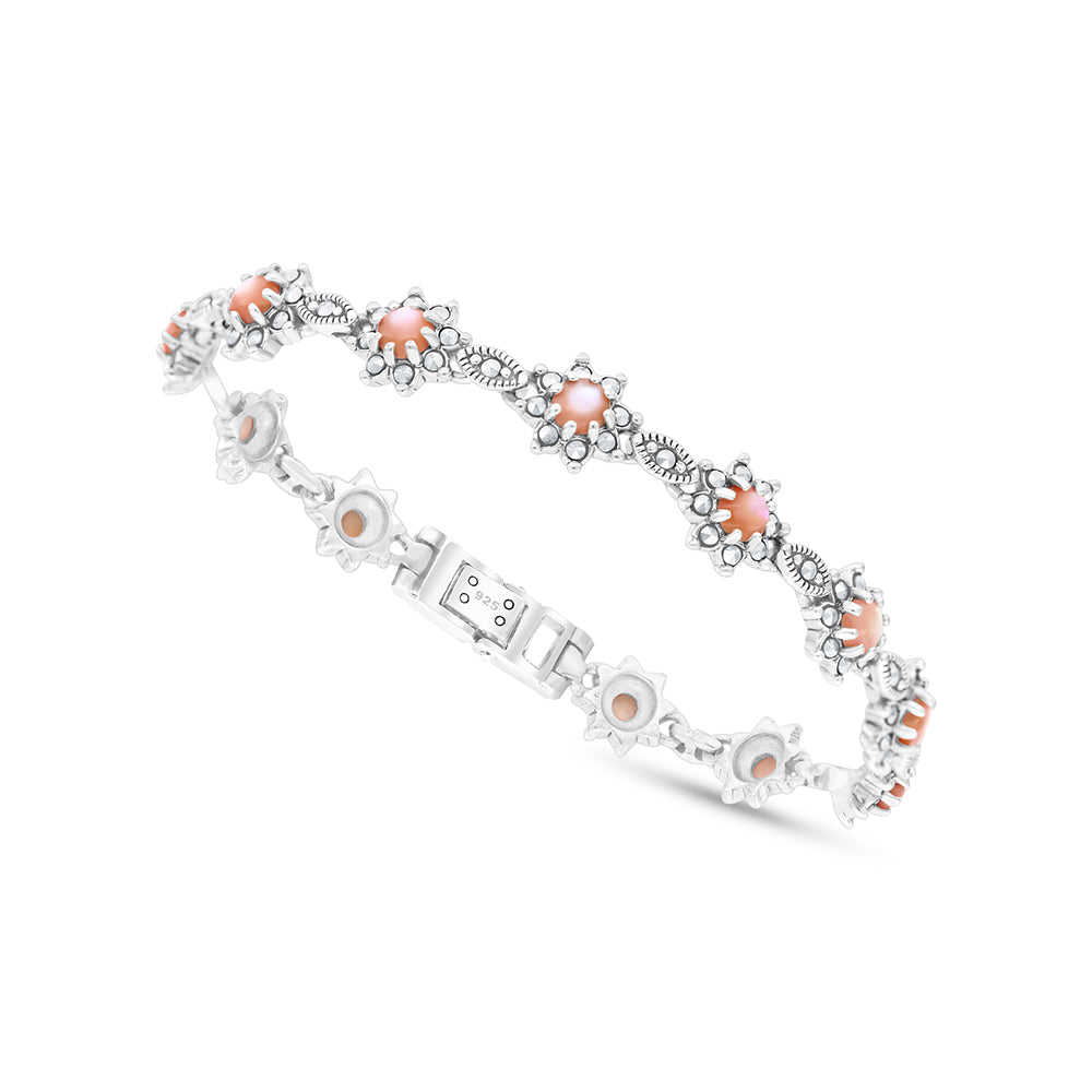 Sterling Silver 925 Set Embedded With Natural Pink Shell And Marcasite Stones