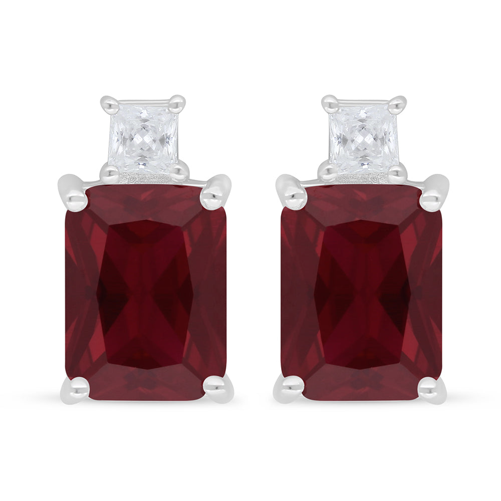 Sterling Silver 925 Earring Rhodium Plated Embedded With Ruby Corundum And White Zircon