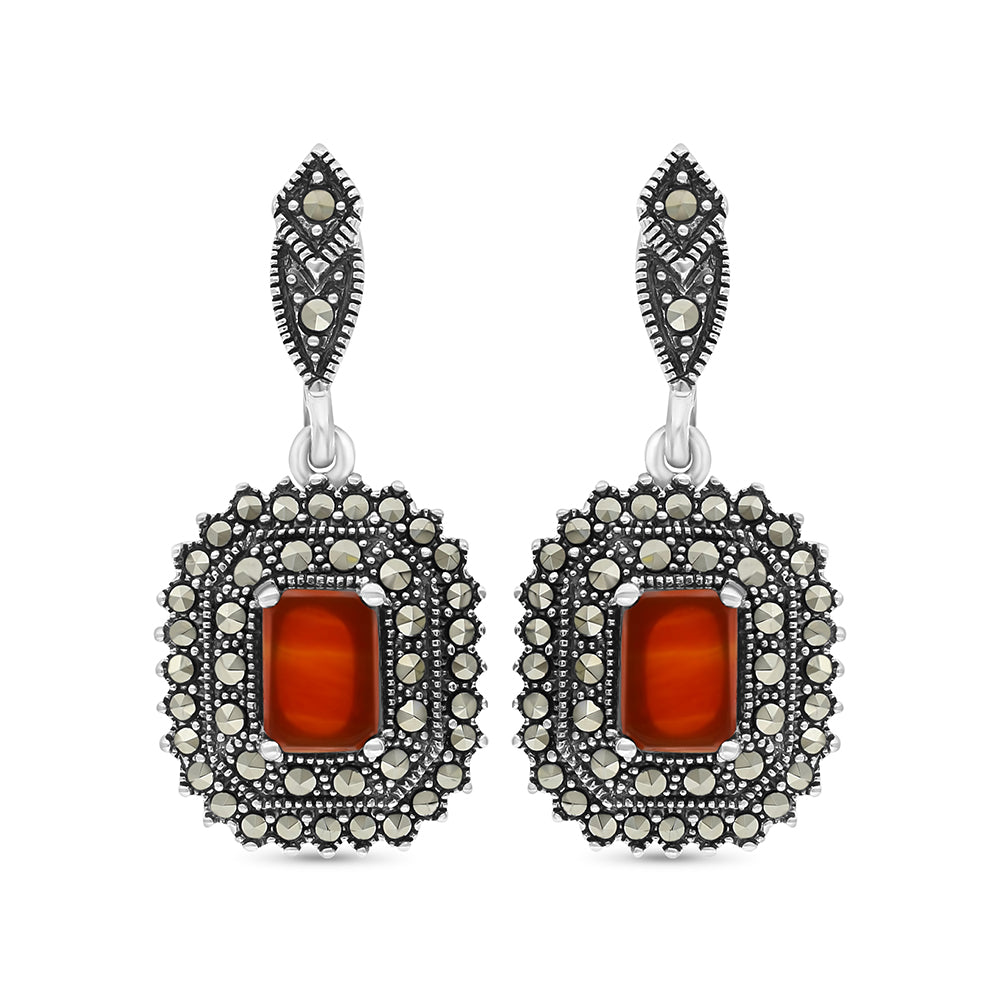 Sterling Silver 925 Earring Embedded With Natural Aqiq And Marcasite Stones