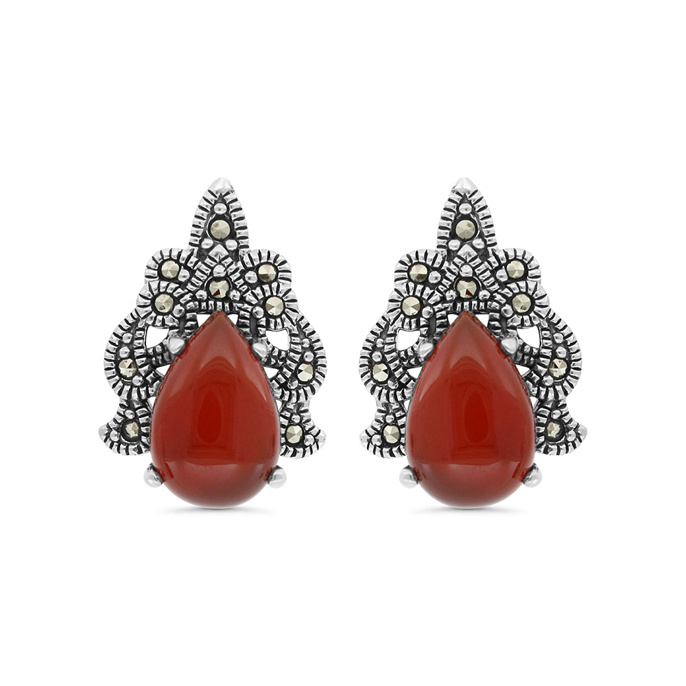 Sterling Silver 925 Earring Embedded With Natural Aqiq And Marcasite Stones