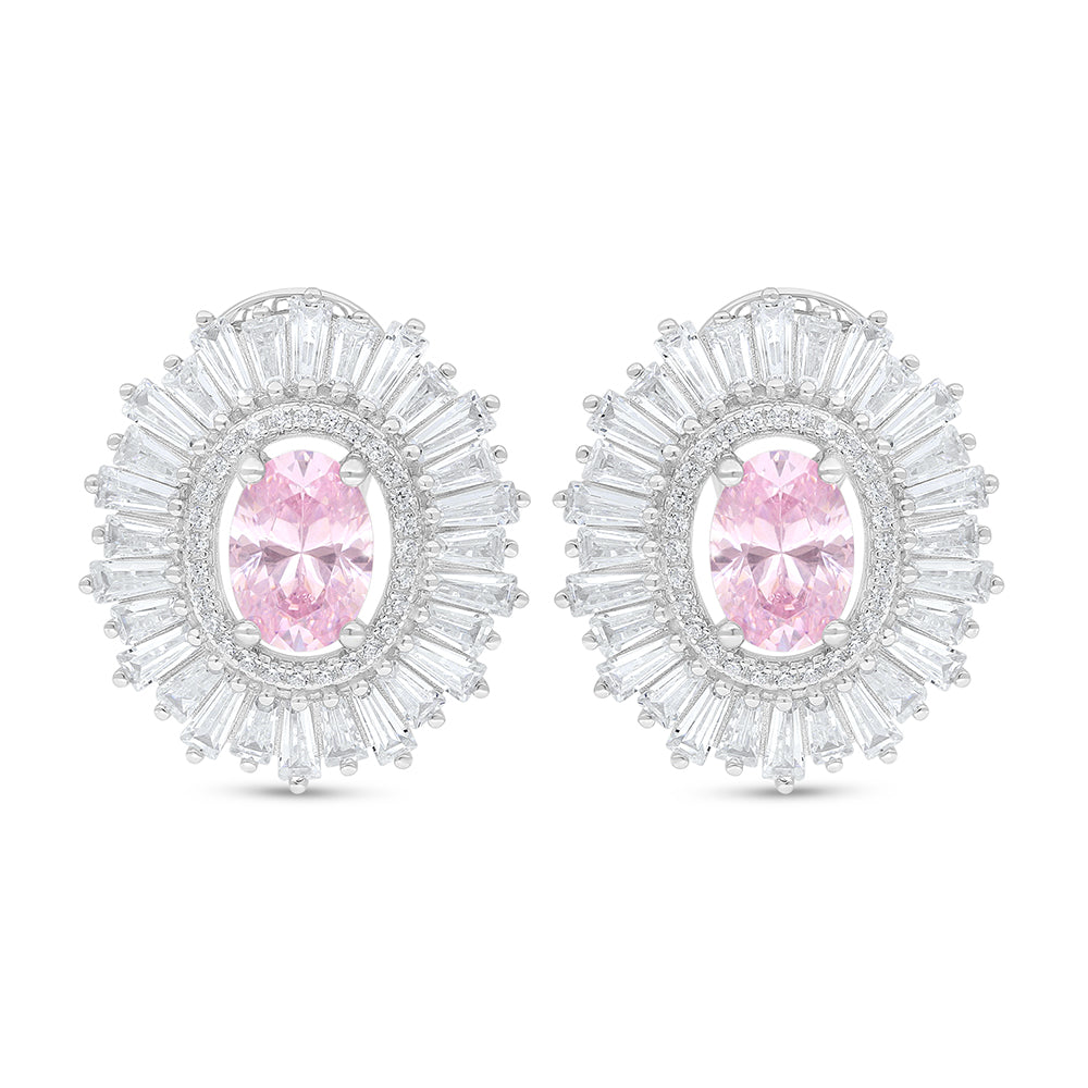 Sterling Silver 925 Earring Rhodium Plated Embedded With Pink Zircon And White Zircon