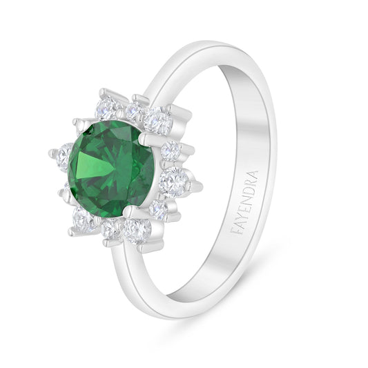 Sterling Silver 925 Ring Rhodium Plated Embedded With Emerald Zircon And White Zircon