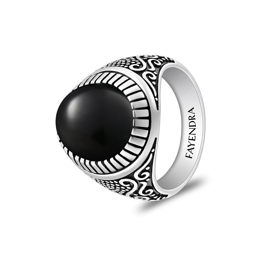 Sterling Silver 925 Ring Rhodium And Black Plated Embedded With Cabochon Natural Black Agate For Men