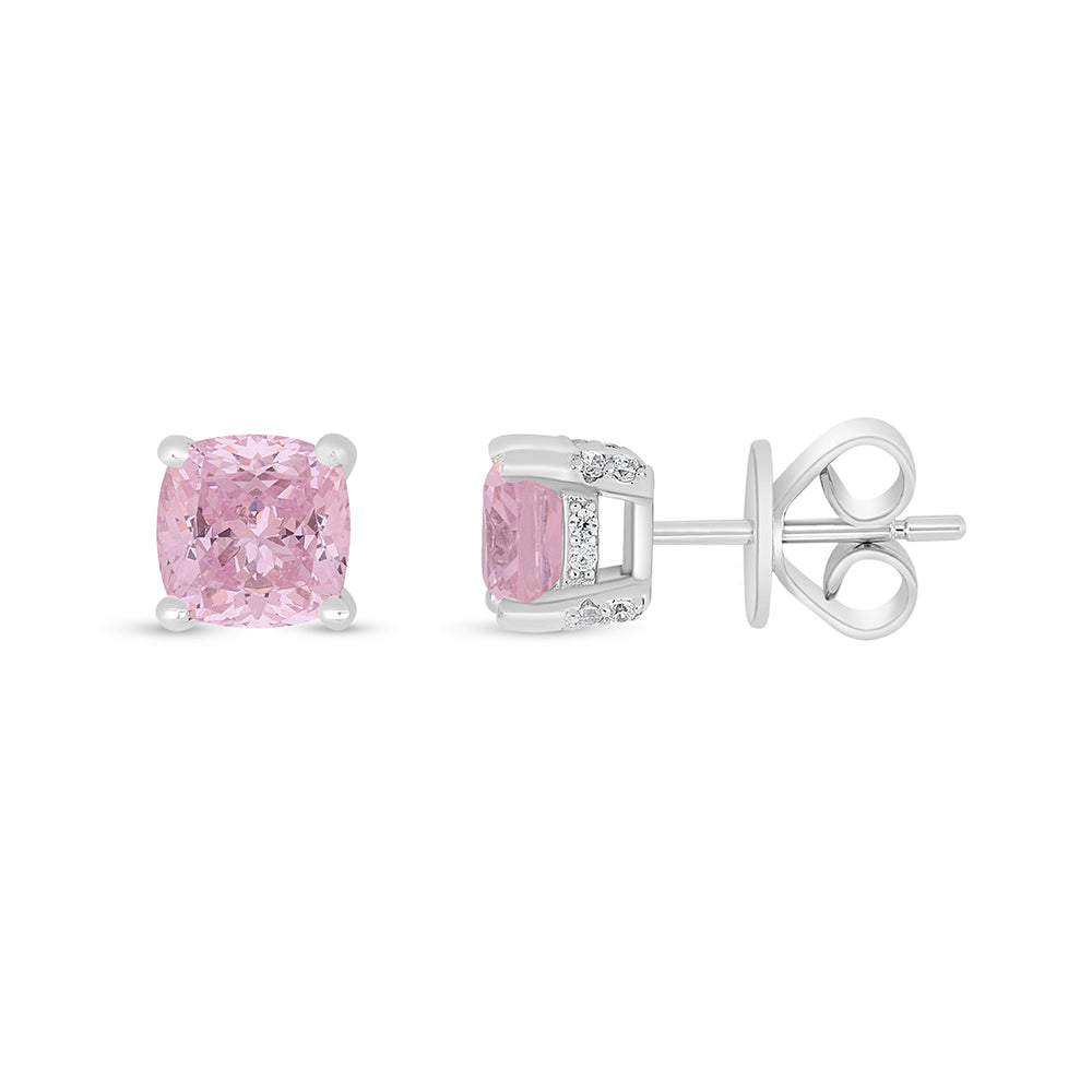 Sterling Silver 925 Earring Rhodium Plated Embedded With Pink Zircon And White Zircon