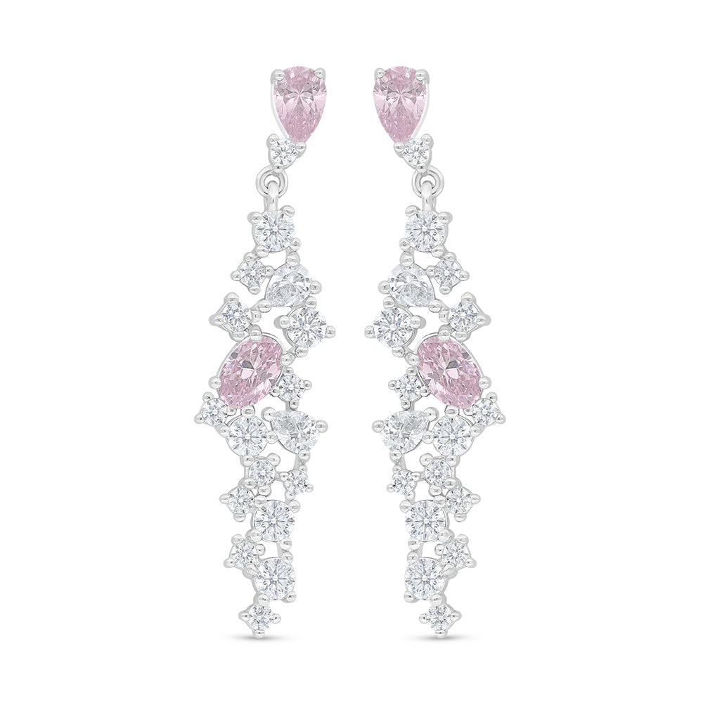Sterling Silver 925 Earring Rhodium Plated Embedded With Pink Zircon And White Zircon