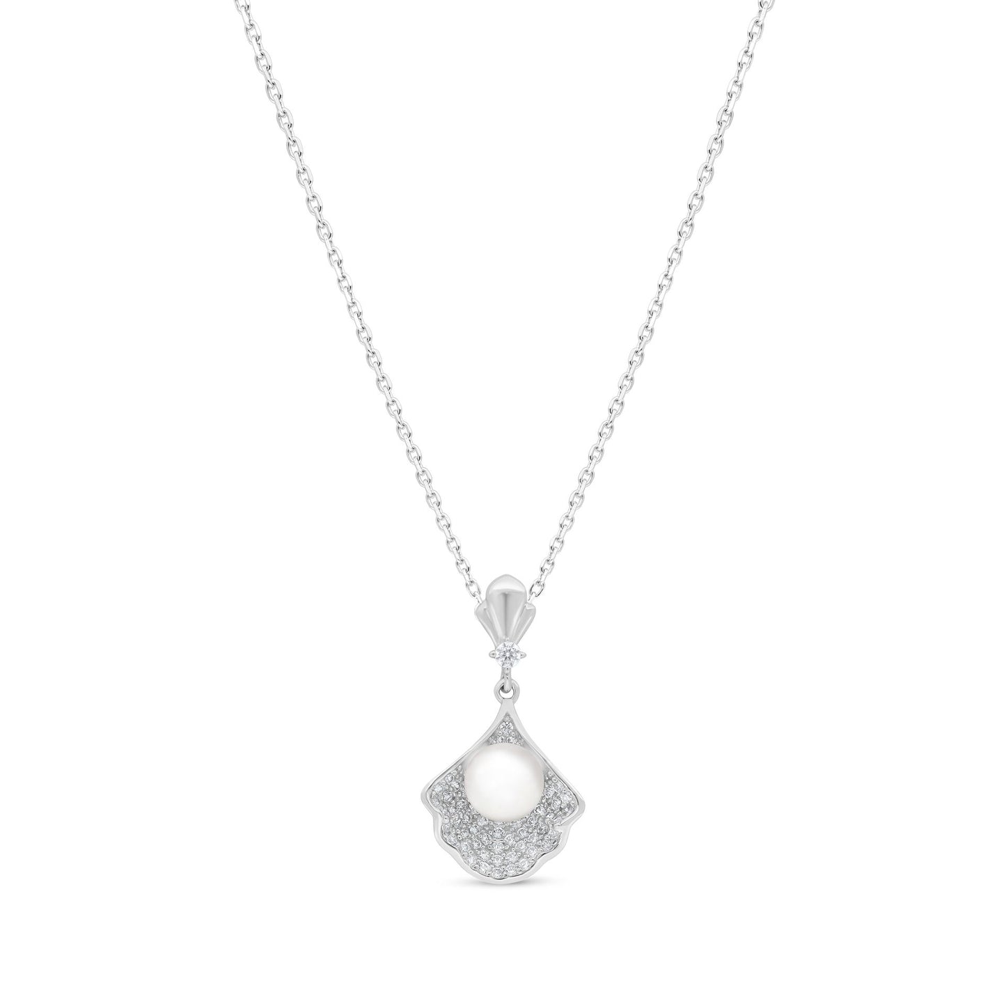 Sterling Silver 925 Necklace Rhodium Plated Embedded With Natural White Pearl And White Zircon