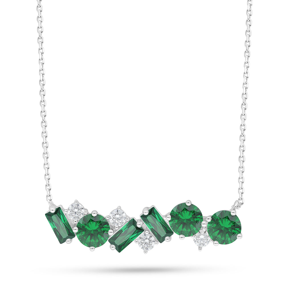 Sterling Silver 925 Necklace Rhodium Plated Embedded With Emerald Zircon And White Zircon